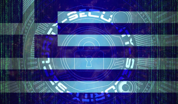Nasjonal Cybersikkerhet Hellas Digital Bakgrunnsdatavern Sikkerhetssystemkonseptet Låsesymbol Mørk Flaggbakgrunn – stockfoto