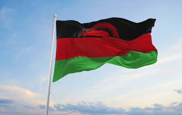 Bandeira Oficial Malawi Fundo Céu Nublado Pôr Sol Vista Panorâmica — Fotografia de Stock