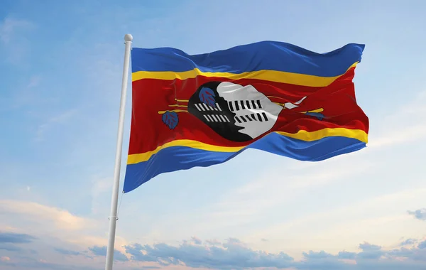 Official Flag Swaziland Cloudy Sky Background Sunset Panoramic View Patriot — стокове фото