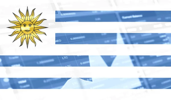 ウルグアイの国旗と株式市場のグラフバー 暗号通貨 ビットコイン株式の成長 暗号通貨とブロックチェーン技術への投資家のための概念イメージ — ストック写真