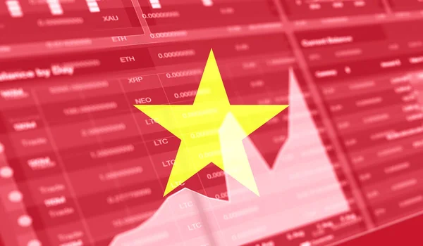 ベトナムの国旗と株式市場のグラフバー 暗号通貨 ビットコイン株式の成長 暗号通貨とブロックチェーン技術への投資家のための概念イメージ — ストック写真