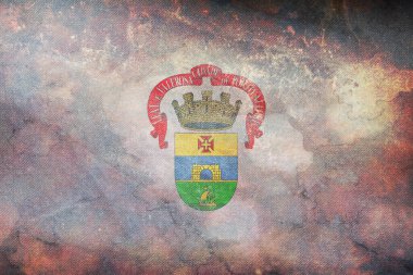 Porto Alegre, Brezilya 'nın grunge desenli retro bayrağının üst görüntüsü. Brezilya seyahati ve vatanseverlik kavramı. Bayrak direği yok. Uçak tasarımı, tasarım. Bayrak arkaplanı