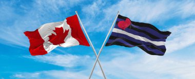 Kanada ve Leather, Latex ve BDSM gurur bayrağını rüzgarda dalgalanan bulutlu gökyüzünde aştı. İlişkiyi, diyaloğu, iki ülke arasında seyahat etmeyi sembolize ediyor. Uzayı kopyala 3d illüstrasyon