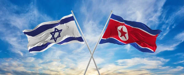 Croisé Drapeaux Nationaux Israël Corée Nord Drapeau Agitant Dans Vent — Photo