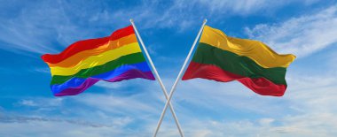 LGBT ve LITHUANIA bayraklarını aşıp bulutlu gökyüzünde rüzgarda dalgalanan bayrak. Özgürlük ve aşk kavramı. Gurur ayı. Eylemcilik, toplum ve özgürlük kavramı. Uzayı kopyala 3d illüstrasyon