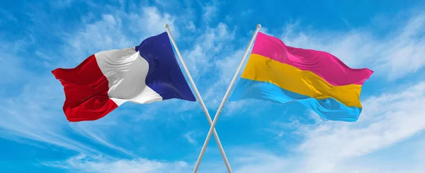 Attraversato Bandiere Nazionali Della Francia Pansessualità Bandiera Dell Orgoglio Sventola — Foto Stock