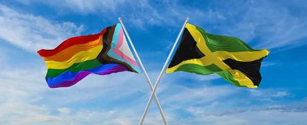 Crossed Flags Progress Lgbt Pride Jamaica Flag Waving Wind Cloudy — Stock Photo, Image