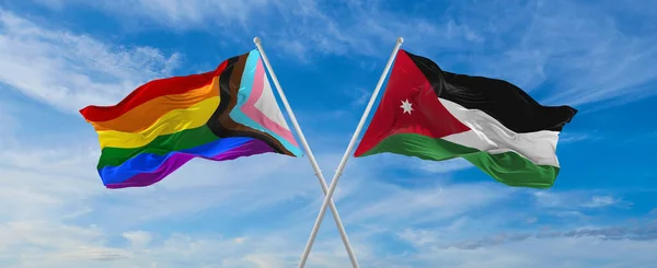 Crossed Flags Progress Lgbt Pride Jordan Flag Waving Wind Cloudy — Stock Photo, Image