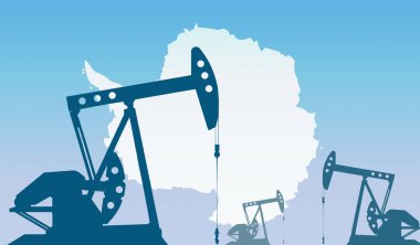 Antarktika bayrağına karşı yağ pompalarının silueti. Ham petrol ve gaz çıkarma derecesinde. Petrol alanları ve petrol şirketleri, hidrokarbon pazarı, sanayi
