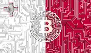Malta ve Bitcoin bayrağı, Entegre Devre Kurulu deseni. Bitcoin Stok Büyümesi. Kripto para birimi ve Engelleme Teknolojisi yatırımcıları için kavramsal görüntü.