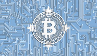 Mikronezya Birleşik Devletleri ve Bitcoin bayrağı, Entegre Devre Kurulu deseni. Bitcoin Stok Büyümesi. Kripto para birimi ve Engelleme Teknolojisi yatırımcıları için kavramsal görüntü.
