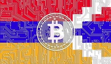 Dağlık Karabağ Cumhuriyeti ve Bitcoin bayrağı, Entegre Devre Kurulu modeli. Bitcoin Stok Büyümesi. Kripto para birimi ve Engelleme Teknolojisi yatırımcıları için kavramsal görüntü.