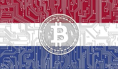 Hollanda ve Bitcoin bayrağı, Entegre Devre Kurulu deseni. Bitcoin Stok Büyümesi. Kripto para birimi ve Engelleme Teknolojisi yatırımcıları için kavramsal görüntü.
