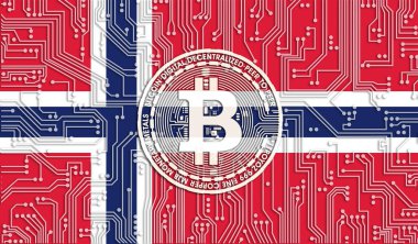 Norveç ve Bitcoin bayrağı, Entegre Devre Kurulu deseni. Bitcoin Stok Büyümesi. Kripto para birimi ve Engelleme Teknolojisi yatırımcıları için kavramsal görüntü.