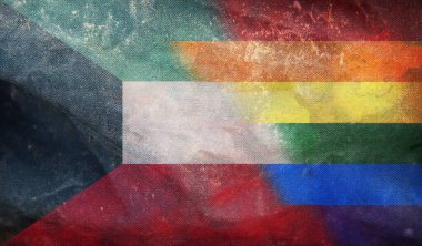 Kuveyt 'in ulusal lgbt retro bayrağının grunge dokusuyla üst görüntüsü, bayrak direği yok. Uçak tasarımı, tasarım. Bayrak arkaplanı. Özgürlük ve aşk kavramı. Gurur ayı. Eylemcilik, toplum ve özgürlük