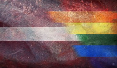 Letonya 'nın ulusal lgbt retro bayrağının grunge desenli üst görüntüsü, bayrak direği yok. Uçak tasarımı, tasarım. Bayrak arkaplanı. Özgürlük ve aşk kavramı. Gurur ayı. Eylemcilik, toplum ve özgürlük