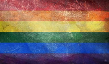 Ulusal lgbt retro bayrağının grunge desenli, bayrak direği olmayan üst görüntüsü. Uçak tasarımı, tasarım. Bayrak arkaplanı. Özgürlük ve aşk kavramı. Gurur ayı. Eylemcilik, toplum ve özgürlük