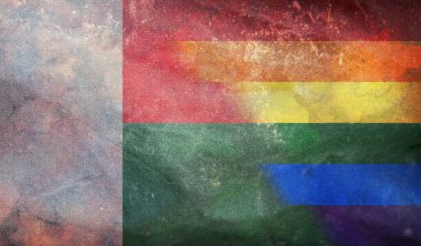 Grunge desenli, bayrak direği olmayan Madagaskar 'ın ulusal lgbt retro bayrağının üst görüntüsü. Uçak tasarımı, tasarım. Bayrak arkaplanı. Özgürlük ve aşk kavramı. Gurur ayı. Eylemcilik, toplum ve özgürlük