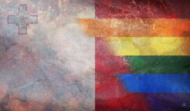 Ulusal lgbt retro Malta bayrağının grunge desenli, bayrak direği yok. Uçak tasarımı, tasarım. Bayrak arkaplanı. Özgürlük ve aşk konsepti, Gurur ayı. Eylemcilik, toplum ve özgürlük