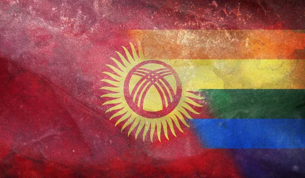 Top View National Lgbt Retro Flag Kyrgyzstan Grunge Texture Flagpole — Stock Photo, Image