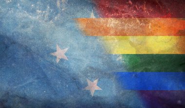 Micronesia Federated States 'in ulusal lgbt retro bayrağının üst görüntüsü grunge desenli, bayrak direği yok. Uçak tasarımı, tasarım. Bayrak arkaplanı. Özgürlük ve aşk konsepti, Gurur ayı.