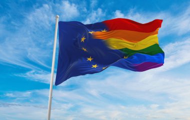 Avrupa Birliği bayrağının ulusal lgbt bayrağı bulutlu gökyüzünde rüzgarda dalgalanıyor. Özgürlük ve aşk kavramı. Gurur ayı. Eylemcilik, toplum ve özgürlük kavramı. Uzayı kopyala 3d illüstrasyon