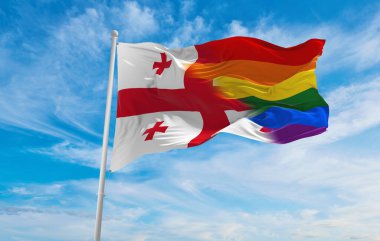 Gürcistan bayrağının ulusal bayrağı bulutlu gökyüzünde rüzgarda dalgalanıyor. Özgürlük ve aşk kavramı. Gurur ayı. Eylemcilik, toplum ve özgürlük kavramı. Uzayı kopyala 3d illüstrasyon