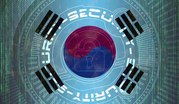 韓国の国家サイバーセキュリティデジタル背景データ保護 安全システムの概念について 暗い旗の背景にシンボルをロック — ストック写真