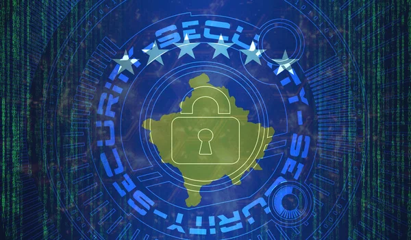 Kosovos Nasjonale Cybersikkerhet Digital Bakgrunnsdatavern Sikkerhetssystemkonseptet Låsesymbol Mørk Flaggbakgrunn – stockfoto