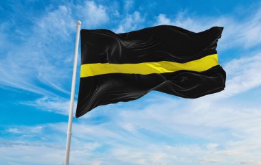 İnce Sarı Hat bayrağı dalgalanıyor. panoramik manzara. Geniş afiş afiş için boşluk kopyala. Güvenlik görevlileri, Özel Güvenlik, Özel Dedektifler, Kefalet Ajanları Bondsmen, Personel Bayrağı. 3d illüstrasyon