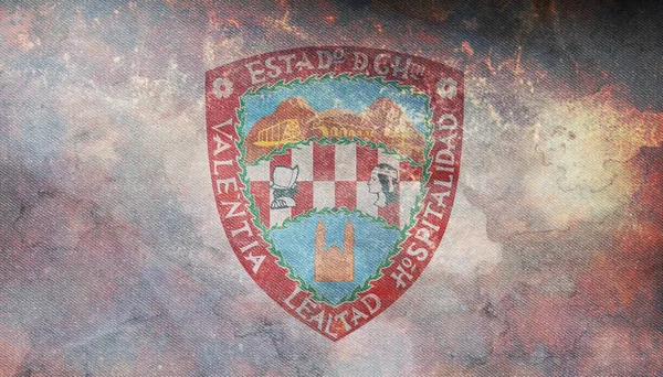 Meksika, Chihuahua bayrağının en üst görüntüsü. Grunge desenli retro bayrak. Amerika Birleşik Devletleri seyahati ve vatanseverlik kavramı. Bayrak direği yok. Uçak tasarımı, tasarım. Bayrak arkaplanı