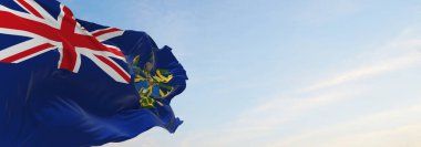 Pitcairn Adaları 'nın resmi bayrağı bulutlu arka planda, günbatımında, panoramik manzaralı. Vatansever ve seyahat kavramı. Geniş afiş afiş için boşluk kopyala. 3d illüstrasyon