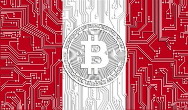 Peru ve Bitcoin bayrağı, Entegre Devre Kurulu deseni. Bitcoin Stok Büyümesi. Kripto para birimi ve Engelleme Teknolojisi yatırımcıları için kavramsal görüntü.