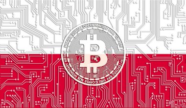 Polonya bayrağı ve Bitcoin, Entegre Devre Kurulu modeli. Bitcoin Stok Büyümesi. Kripto para birimi ve Engelleme Teknolojisi yatırımcıları için kavramsal görüntü.