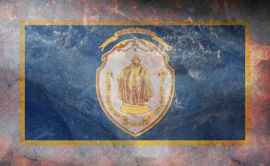 Springfield, Massachusetts 'in retro bayrağının üst görüntüsü, Amerika' nın bağsız ve grunge dokulu eyaletleri. ABD seyahati ve vatanseverlik kavramı. Bayrak direği yok. Uçak tasarımı, tasarım. Bayrak arkaplanı