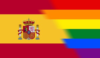 İspanya 'nın ulusal lgbt bayrağının en üst görüntüsü, bayrak direği yok. Uçak tasarımı, yerleşim planı, bayrak arka planı. Özgürlük ve aşk konsepti, Gurur ayı. Eylemcilik, toplum ve özgürlük
