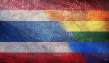 Tayland 'ın ulusal lgbt retro bayrağının grunge desenli üst görüntüsü, bayrak direği yok. Uçak tasarımı, tasarım. Bayrak arkaplanı. Özgürlük ve aşk kavramı. Gurur ayı. Eylemcilik, toplum ve özgürlük