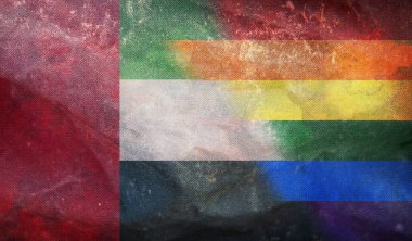 Birleşik Arap Emirlikleri 'nin ulusal lgbt retro bayrağının grunge dokusuyla üst görüntüsü, bayrak direği yok. Uçak tasarımı, tasarım. Bayrak arkaplanı. Özgürlük ve aşk konsepti, Gurur ayı. Eylemcilik, toplum, özgürlük