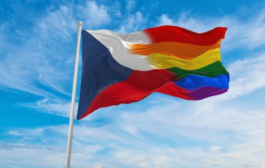 Çek Cumhuriyeti bayrağının ulusal lgbt bayrağı bulutlu gökyüzünde rüzgarda dalgalanıyor. Özgürlük ve aşk kavramı. Gurur ayı. Eylemcilik, toplum ve özgürlük kavramı. Uzayı kopyala 3d illüstrasyon