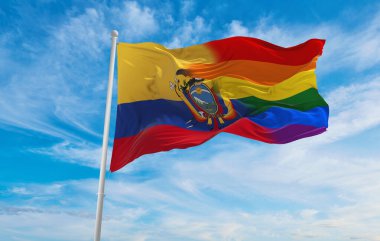 Ekvador bayrağının ulusal lgbt bayrağı bulutlu gökyüzünde rüzgarda dalgalanıyor. Özgürlük ve aşk kavramı. Gurur ayı. Eylemcilik, toplum ve özgürlük kavramı. Uzayı kopyala 3d illüstrasyon