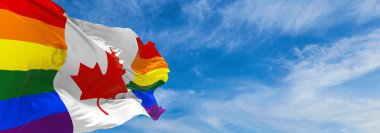 Kanada Gurur bayrağı bulutlu gökyüzünde rüzgarda dalgalanıyor. Özgürlük ve aşk kavramı. Gurur ayı. Eylemcilik, toplum ve özgürlük kavramı. Uzayı kopyala 3d illüstrasyon.