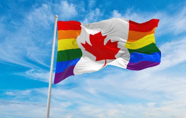 Kanada Gurur bayrağı bulutlu gökyüzünde rüzgarda dalgalanıyor. Özgürlük ve aşk kavramı. Gurur ayı. Eylemcilik, toplum ve özgürlük kavramı. Uzayı kopyala 3d illüstrasyon.