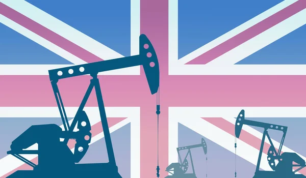 Silhueta Bombas Óleo Contra Bandeira Grã Bretanha Extração Petróleo Bruto — Fotografia de Stock
