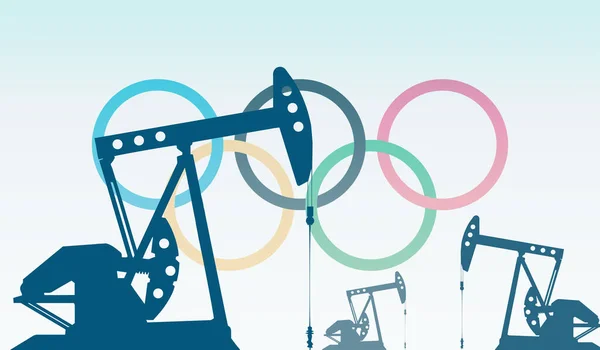 Silhueta Bombas Óleo Contra Bandeira Comitê Olímpico Internacional Extração Petróleo — Fotografia de Stock