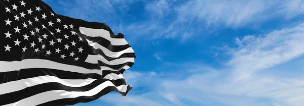 日当たりの良い日には白黒の旗が旗竿に風になびいて空に向かって白い雲と共に 喪を象徴する 3Dイラスト — ストック写真