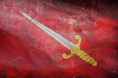 Chimay retro bayrağının üst görüntüsü, grunge desenli Belçika. Belçikalı vatansever ve seyahat konsepti. Bayrak direği yok. Uçak tasarımı, tasarım. Bayrak arkaplanı