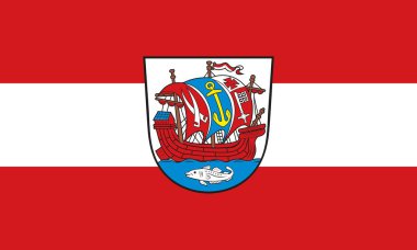 Bremerhaven bayrağının en üst görüntüsü. Almanya Federal Cumhuriyeti. Bayrak direği yok. Uçak tasarımı, tasarım. Bayrak arkaplanı