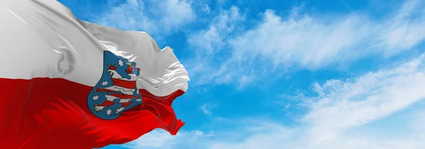Zászló Thüringia Állam Felhős Háttér Naplementekor Panorámás Kilátás Német Szövetségi — Stock Fotó