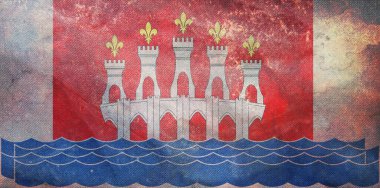 Geriye dönük Lot, grunge dokusuyla Fransa 'nın en iyi manzarası. Fransız seyahati ve vatanseverlik kavramı. Bayrak direği yok. Uçak tasarımı, tasarım. Bayrak arkaplanı