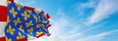 Indre et Loire bayrağı, Fransa 'nın bulutlu gökyüzü arka planında, günbatımında, panoramik manzara. Fransız seyahati ve vatanseverlik kavramı. Geniş afiş afiş için boşluk kopyala. 3d illüstrasyon